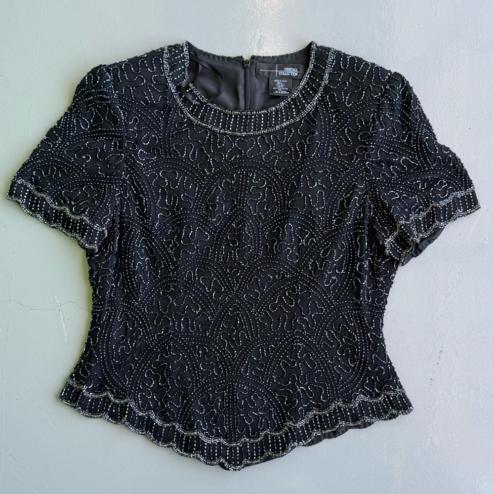Glass Bead Embellished Black Fitted Blouse 100% Silk size Large